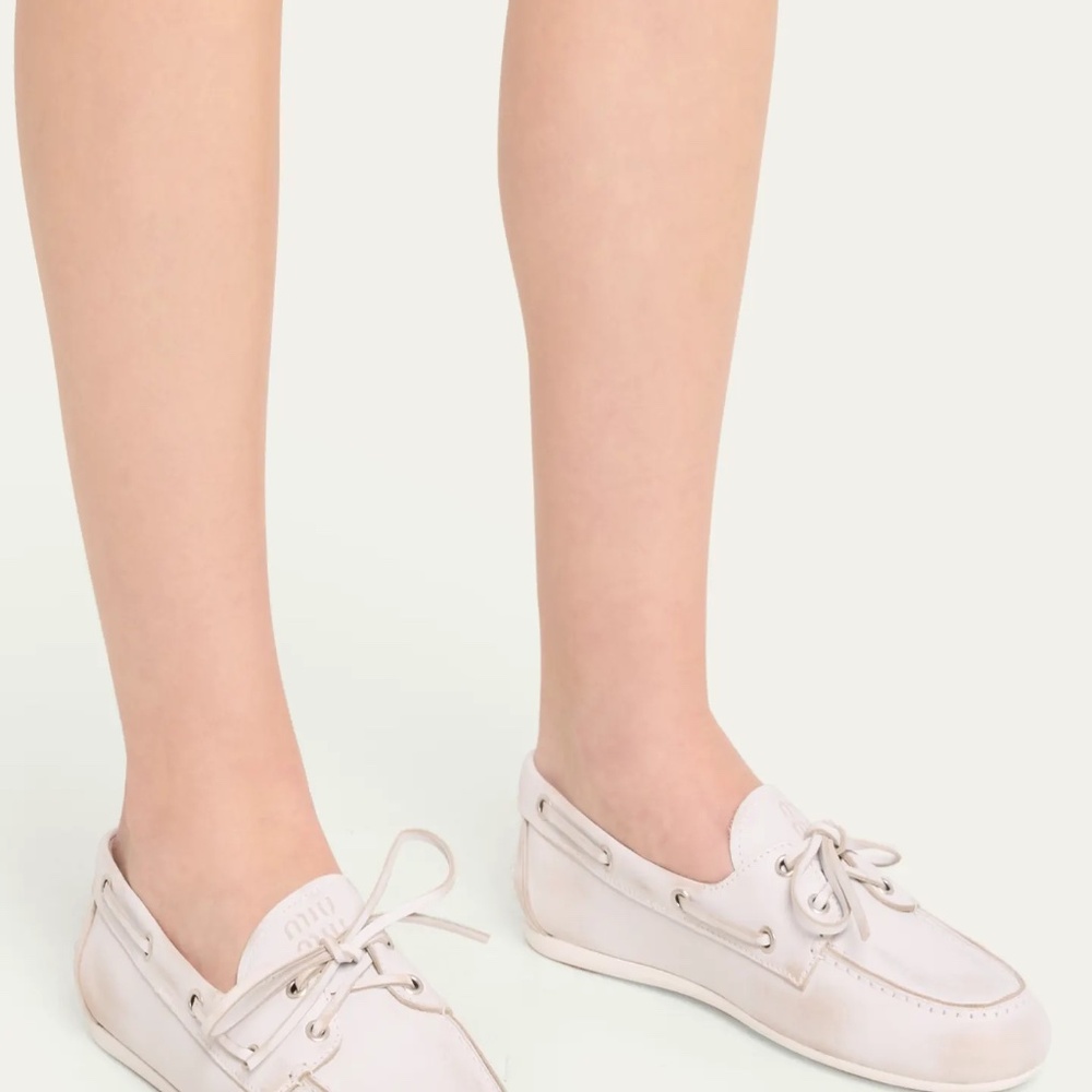 Brand New Miu Miu White Loafer (Boat Shoe) 39.5 Leather Lace-Up Moccasin
